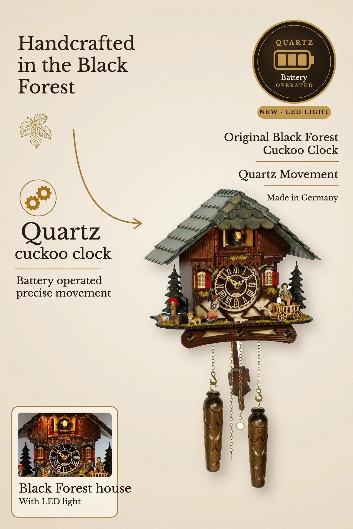 KuckuShine Black Forest quartz cuckoo clock – NEW with LED light | Montag Steins & Clocks