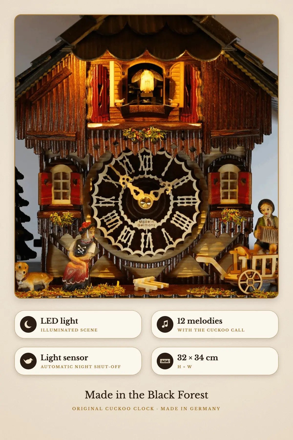 KuckuShine Black Forest – LED light, 12 melodies, light sensor, 32 × 34 cm | Montag Steins & Clocks