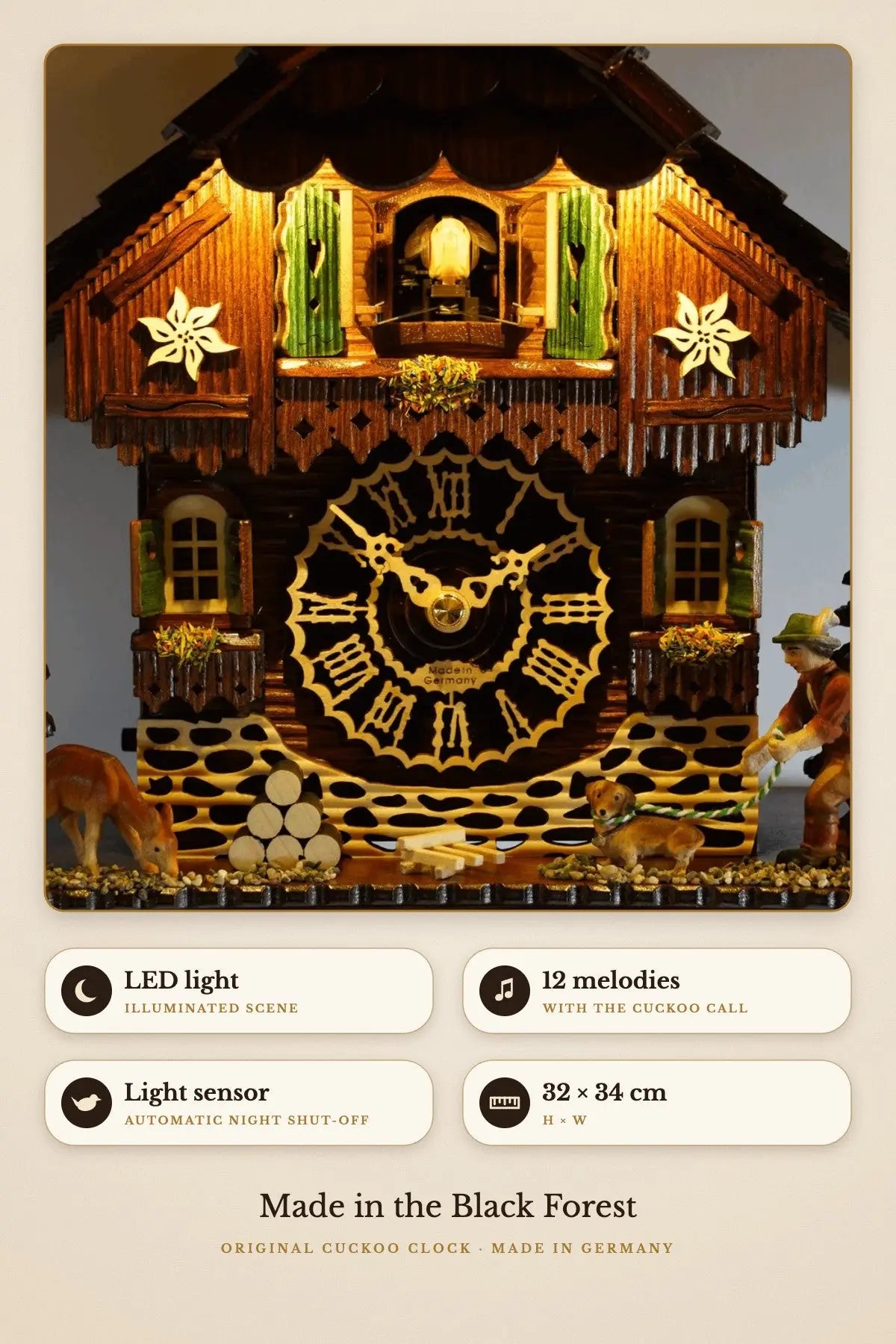 KuckuShine dog walker – LED light, 12 melodies, light sensor, 32 × 34 cm | Montag Steins & Clocks