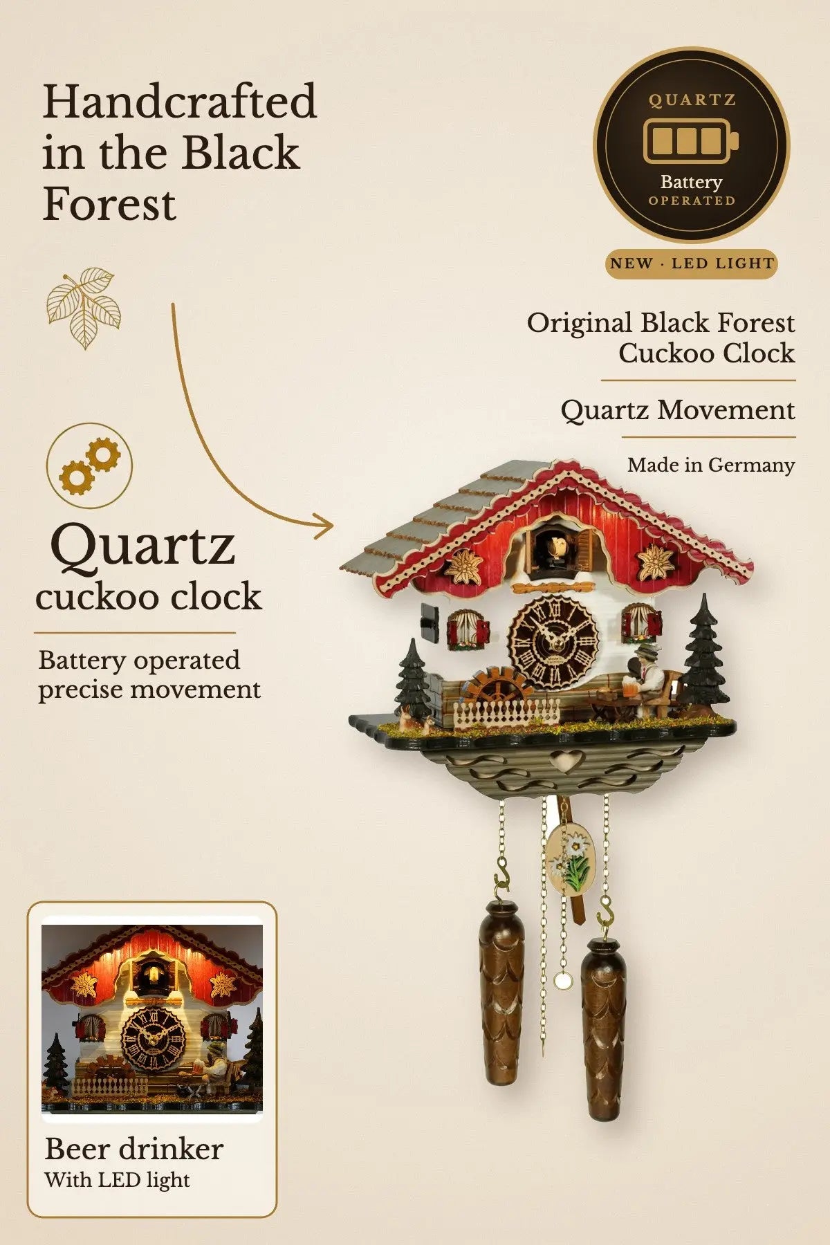 KuckuShine beer drinker quartz cuckoo clock – NEW with LED light | Montag Steins & Clocks