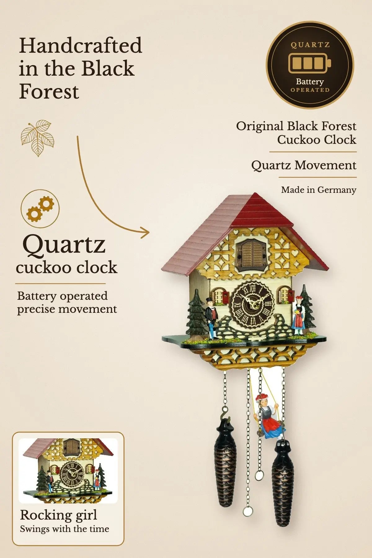Quartz cuckoo clock Black Forest with rocking girl | Montag Steins & Clocks