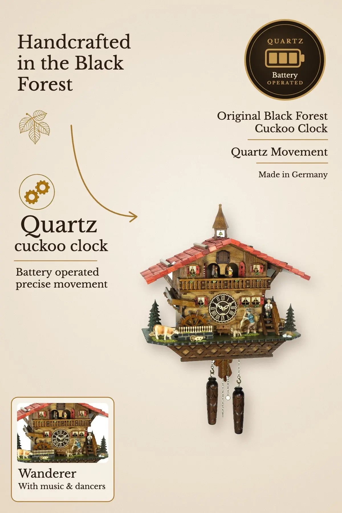 Quartz cuckoo clock Wanderer with music and dancers | Montag Steins & Clocks