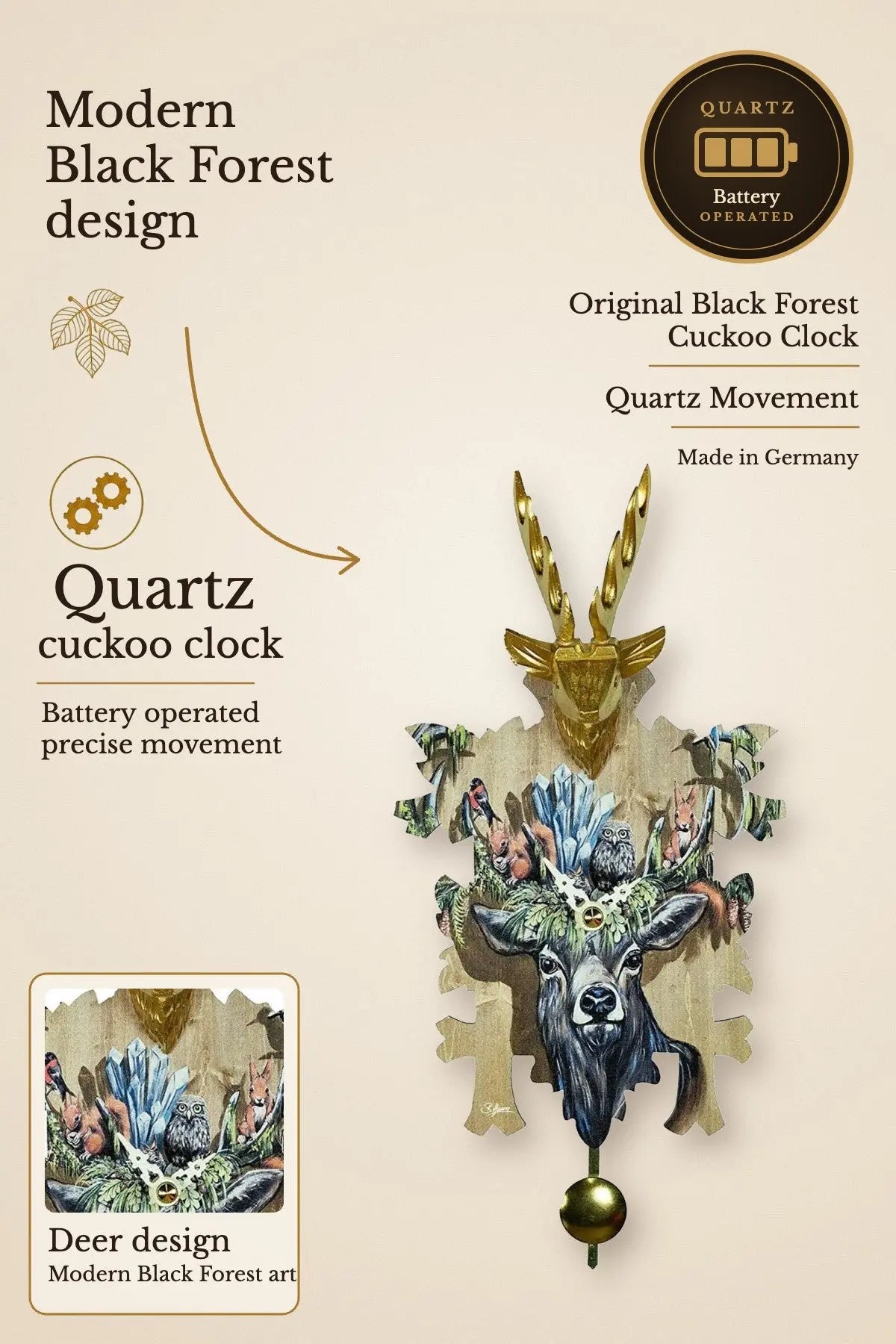Quartz clock deer with music – Trenkle, Black Forest | Montag Steins & Clocks