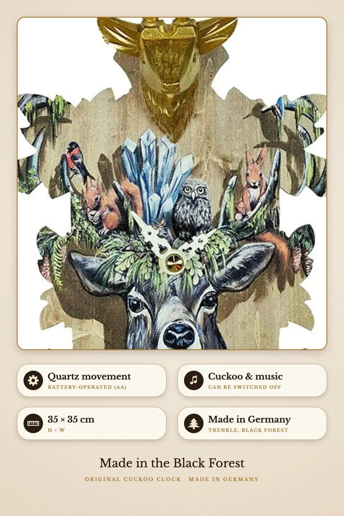 Quartz clock deer – battery-operated, cuckoo & music, 35 × 35 cm | Montag Steins & Clocks
