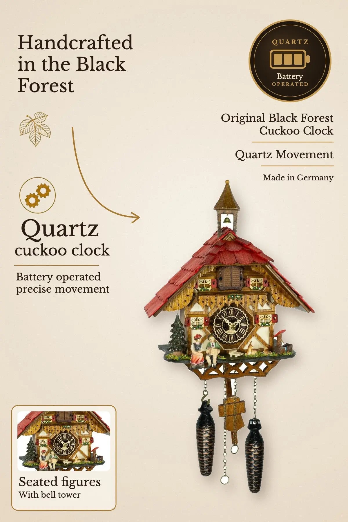 Quartz cuckoo clock with 2 seated figures and bell tower | Montag Steins & Clocks