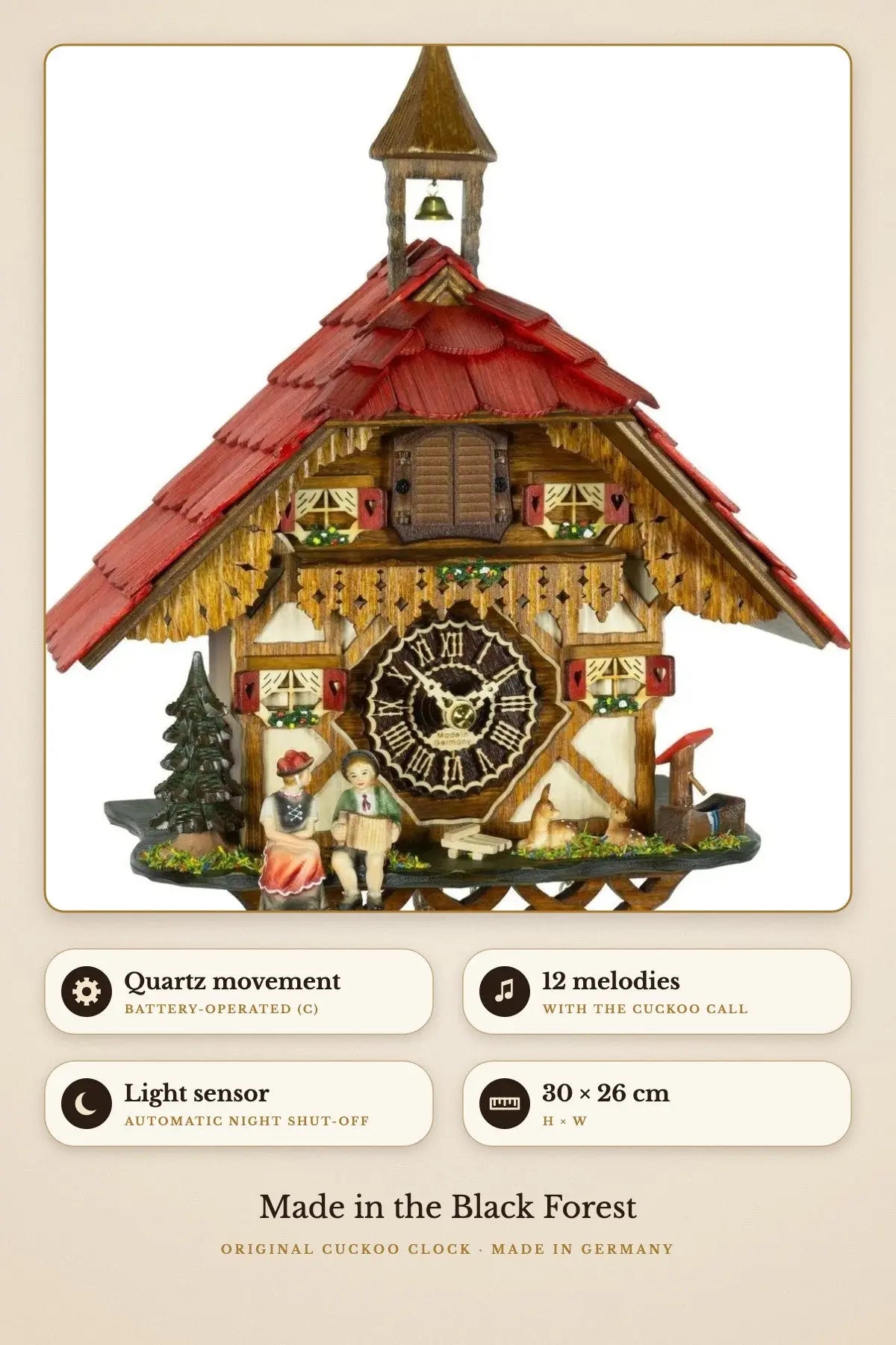 Seated figures quartz clock – 12 melodies, 30 × 26 cm | Montag Steins & Clocks