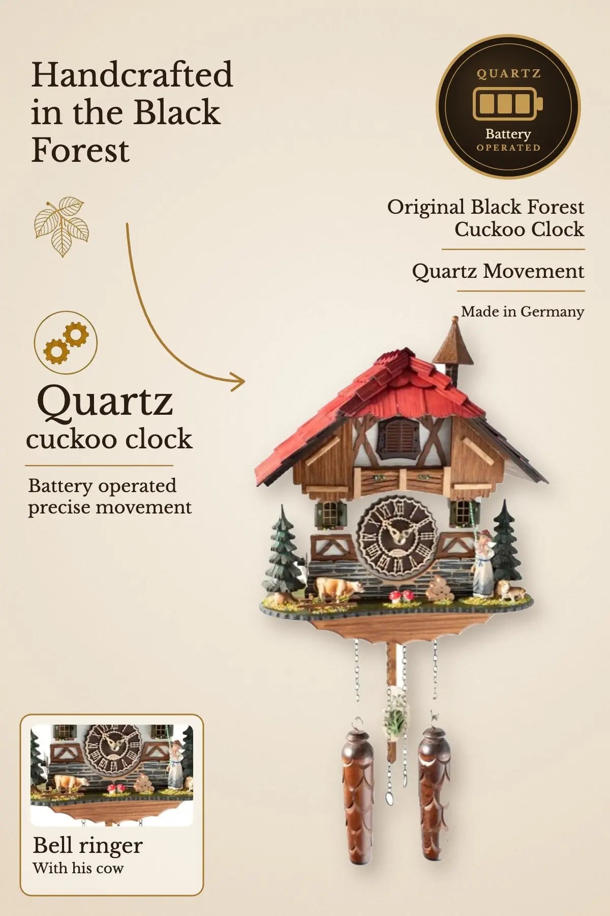 Quartz cuckoo clock bell ringer with cow | Montag Steins & Clocks