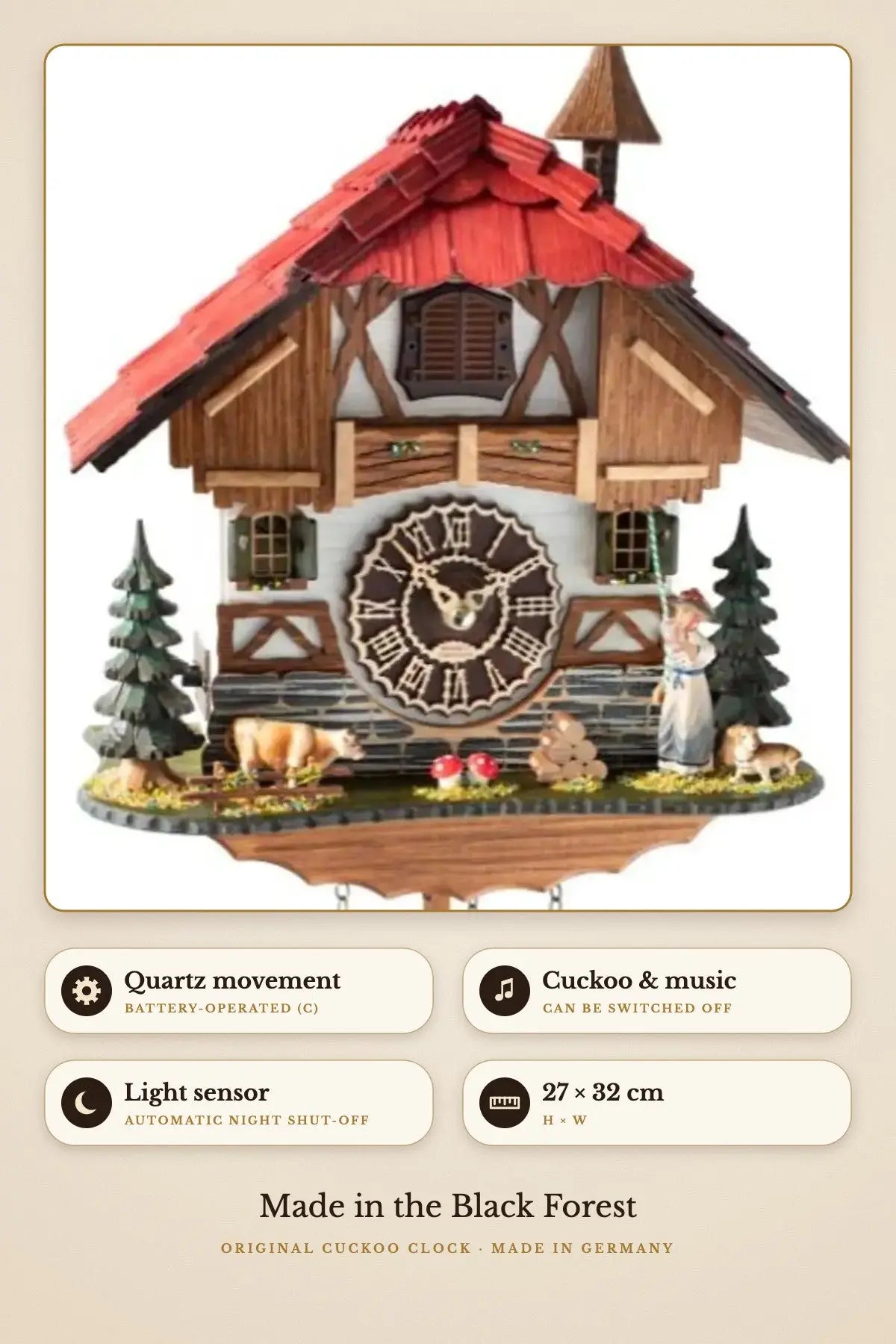 Bell ringer with cow quartz clock – light sensor, 27 × 32 cm | Montag Steins & Clocks