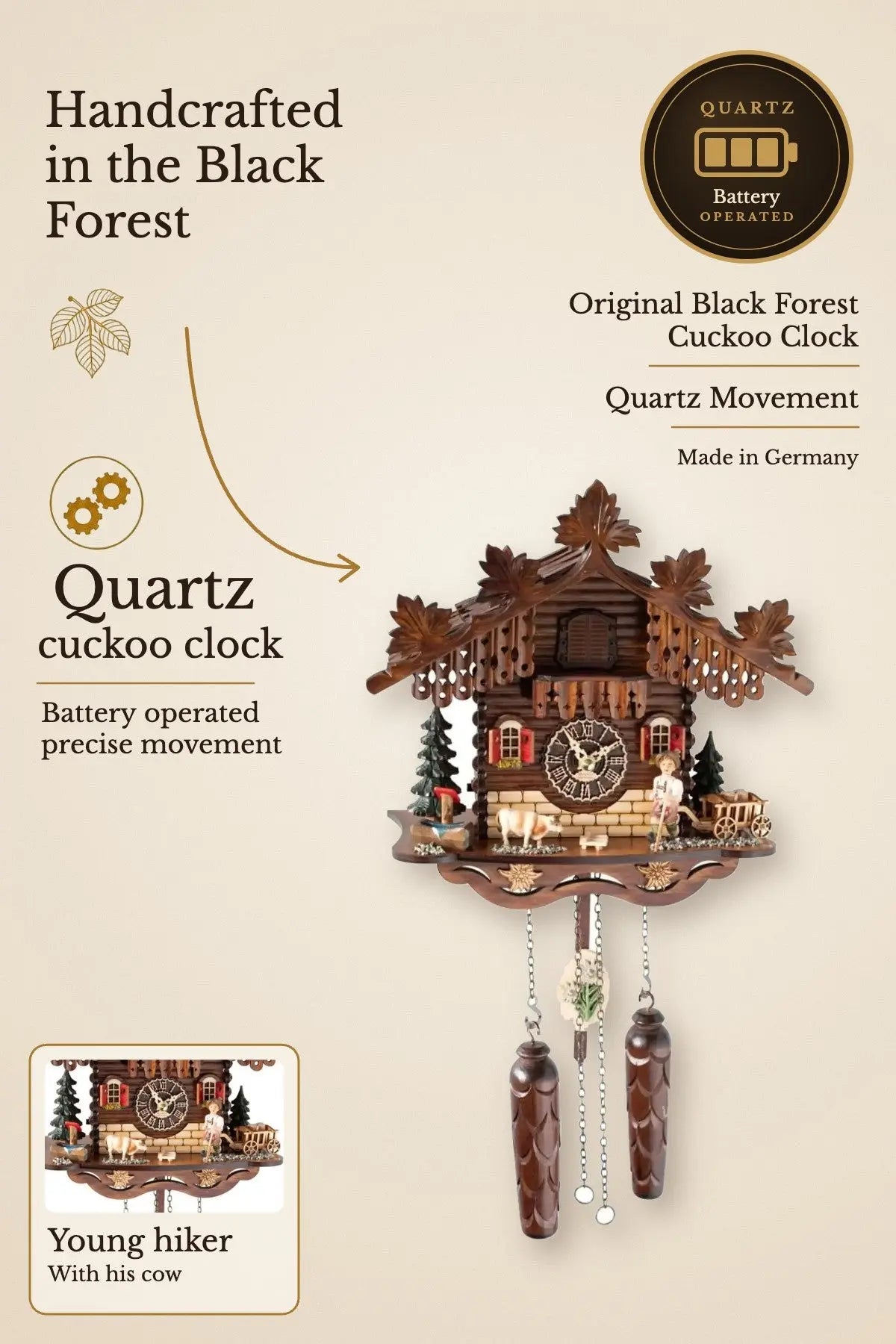 Quartz cuckoo clock young hiker with cow | Montag Steins & Clocks