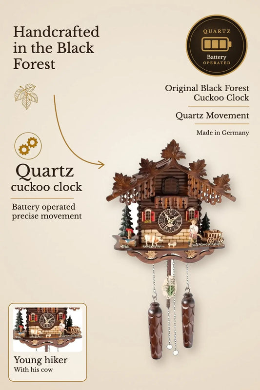 Quartz cuckoo clock young hiker with cow | Montag Steins & Clocks