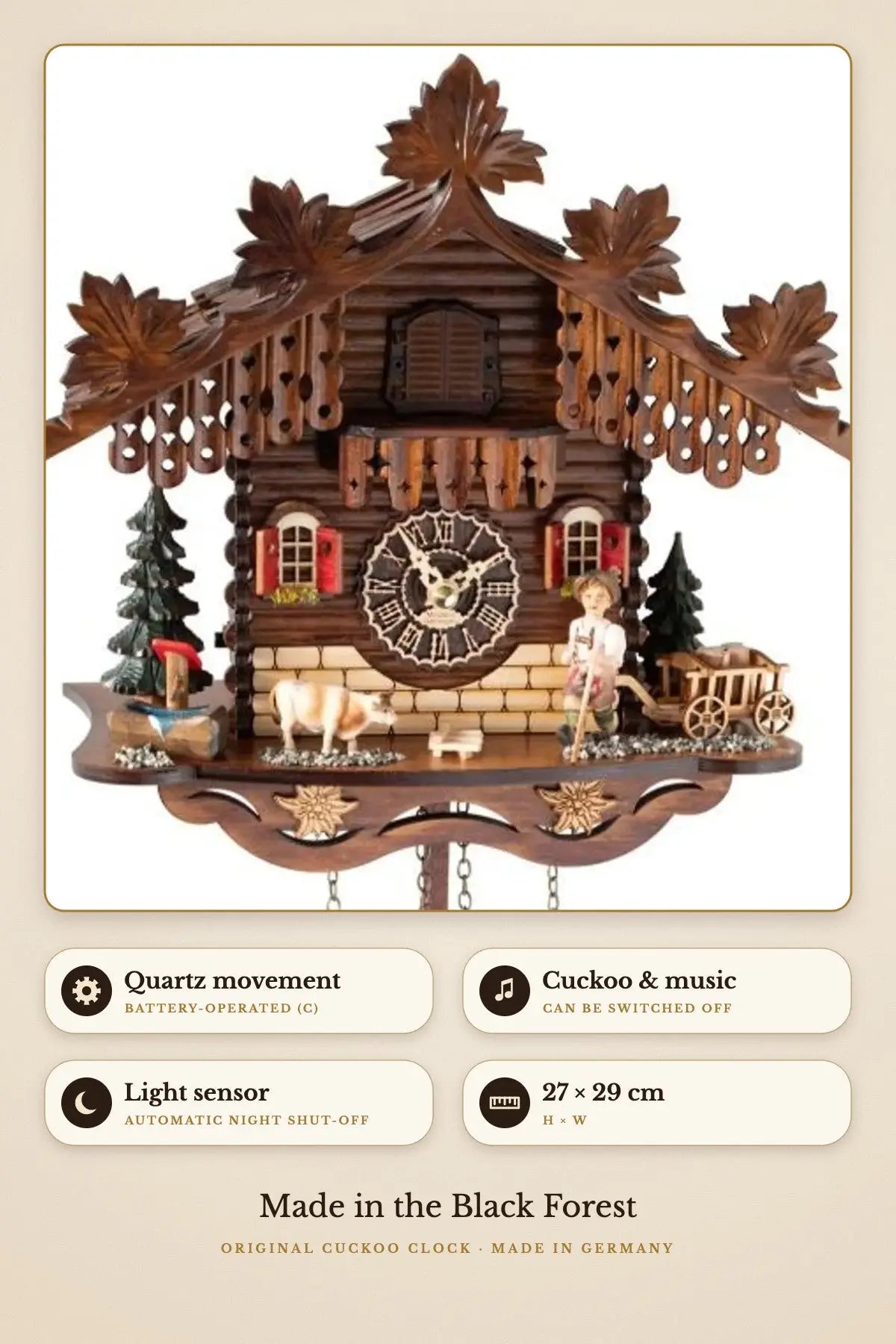 Young hiker with cow quartz clock – light sensor, 27 × 29 cm | Montag Steins & Clocks