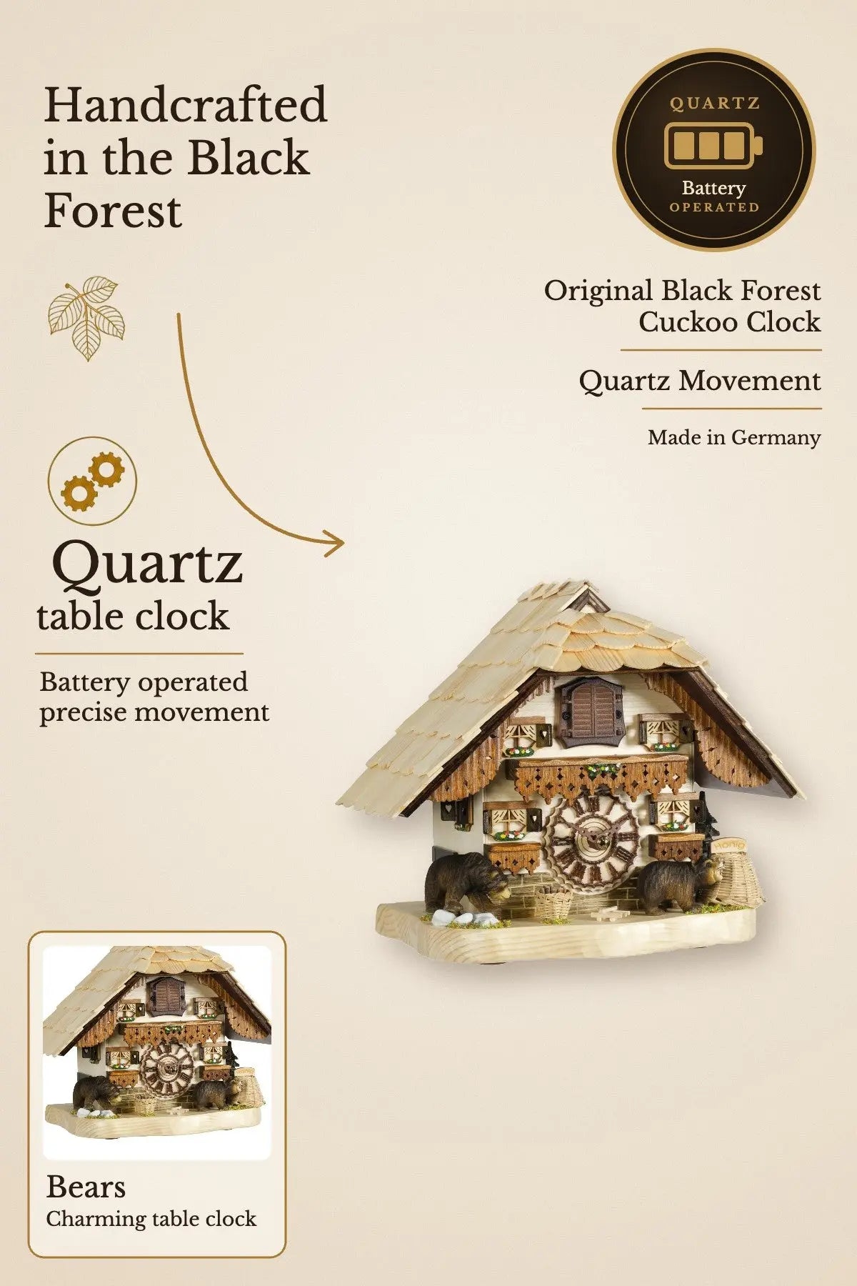 Quartz table clock with bears and music | Montag Steins & Clocks