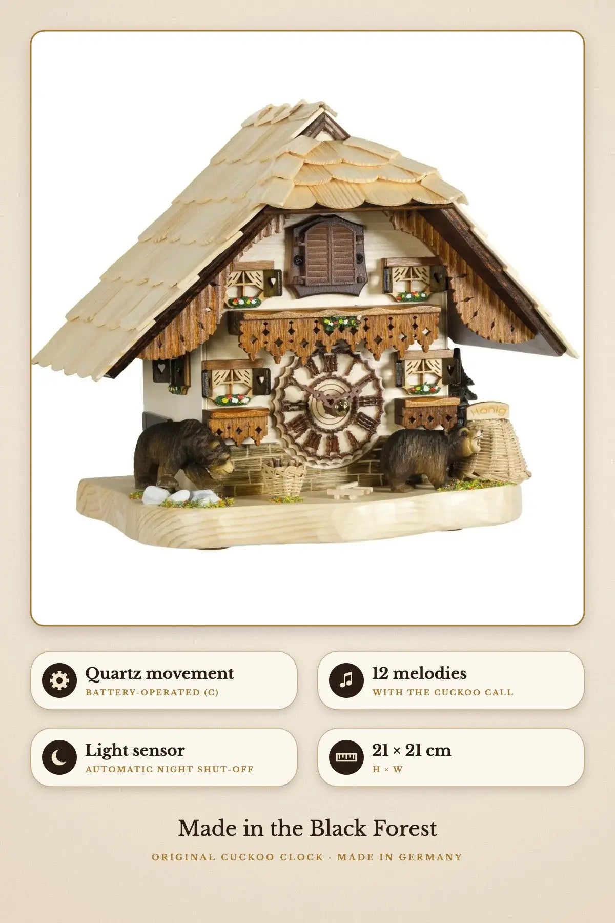 Bears table clock – 12 melodies, 21 × 21 cm | Montag Steins & Clocks