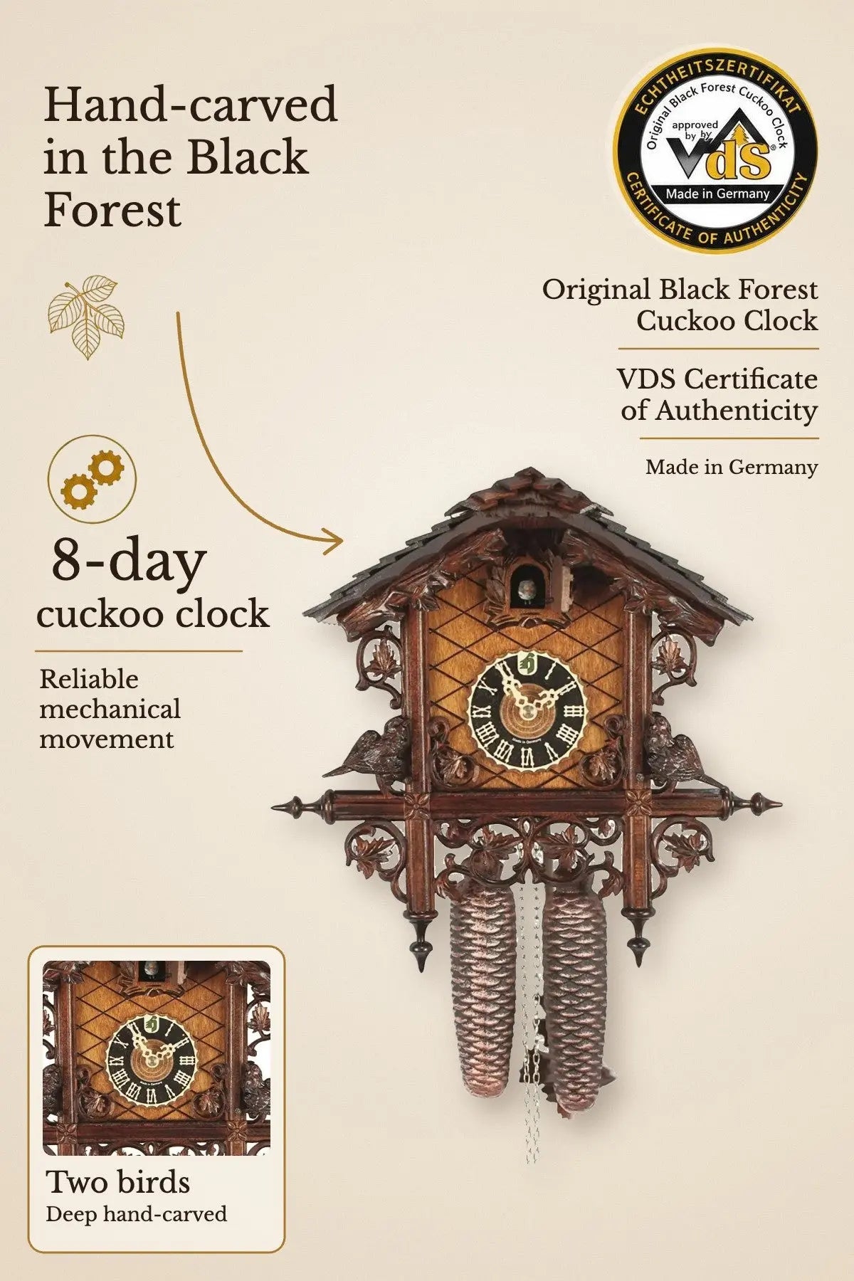 Railroad cottage with shingled roof and 2 birds, 8 day cuckoo clock – VDS certified | Montag Steins & Clocks