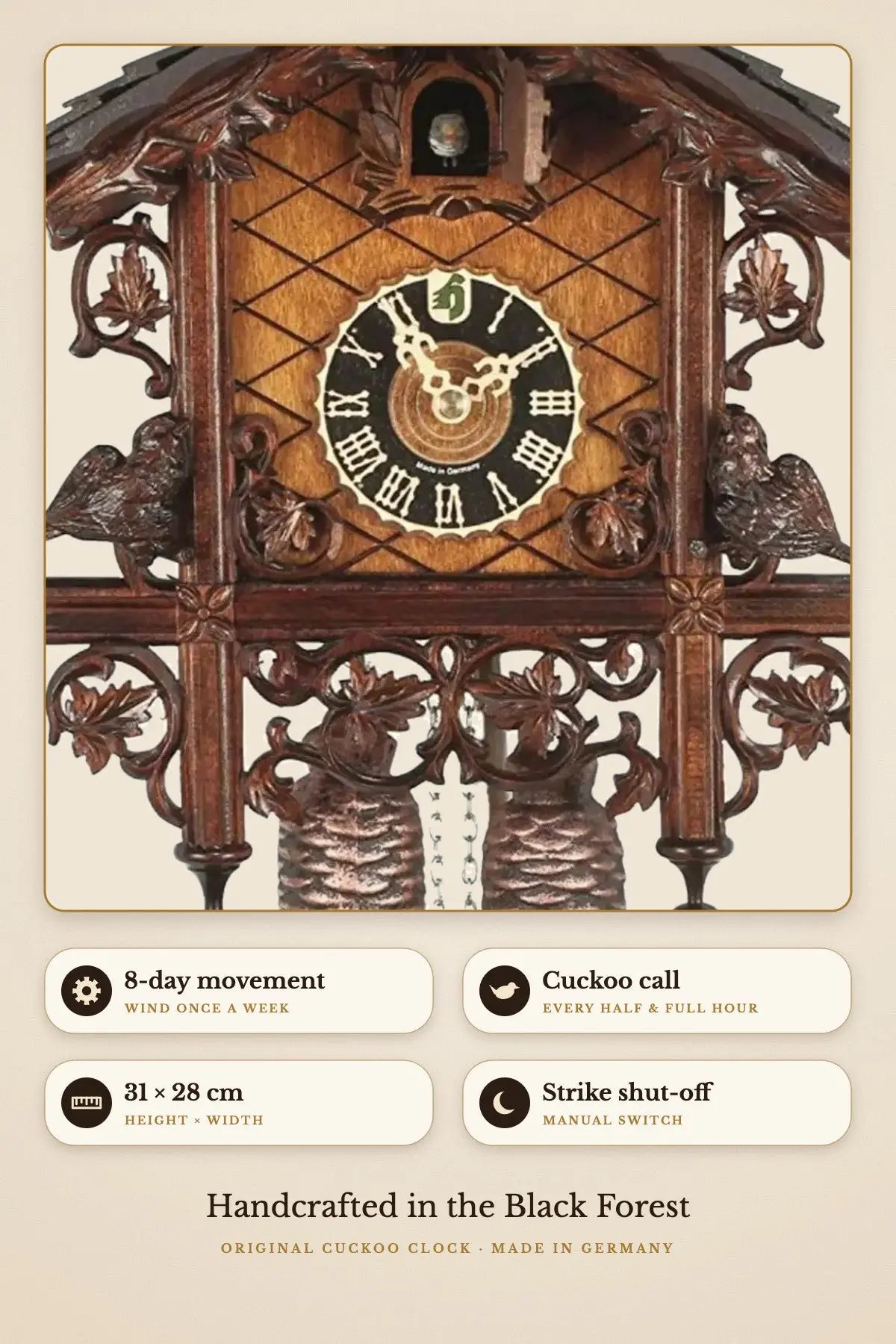 8-day movement, cuckoo call, 31 x 28 cm, manual strike shut-off | Montag Steins & Clocks