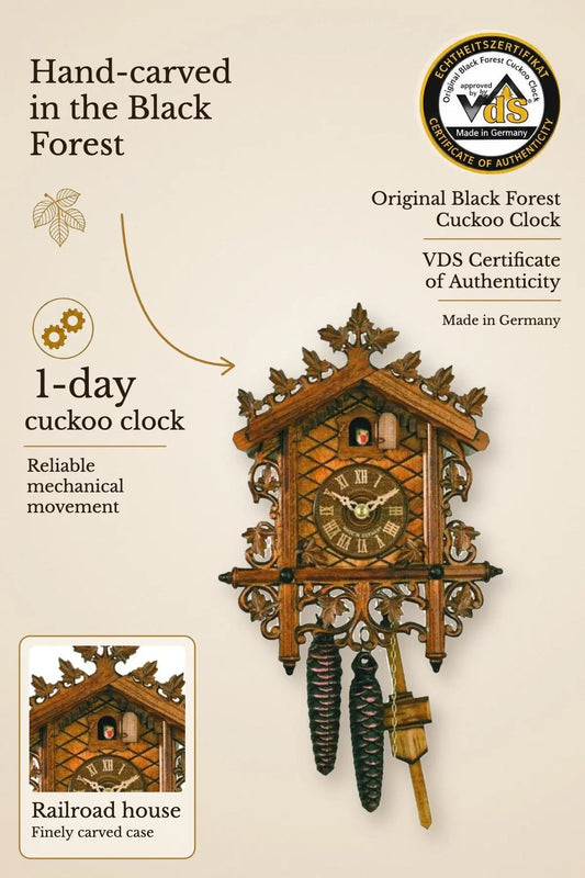 Railroad house 1 day cuckoo clock – hand-carved, VDS certified | Montag Steins & Clocks