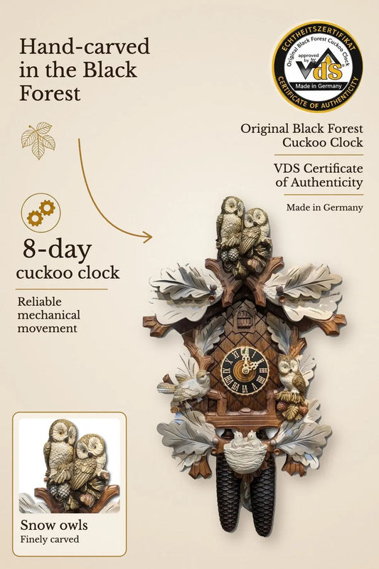 Snow owls cuckoo clock 8 days – hand-carved, VDS certified | Montag Steins & Clocks