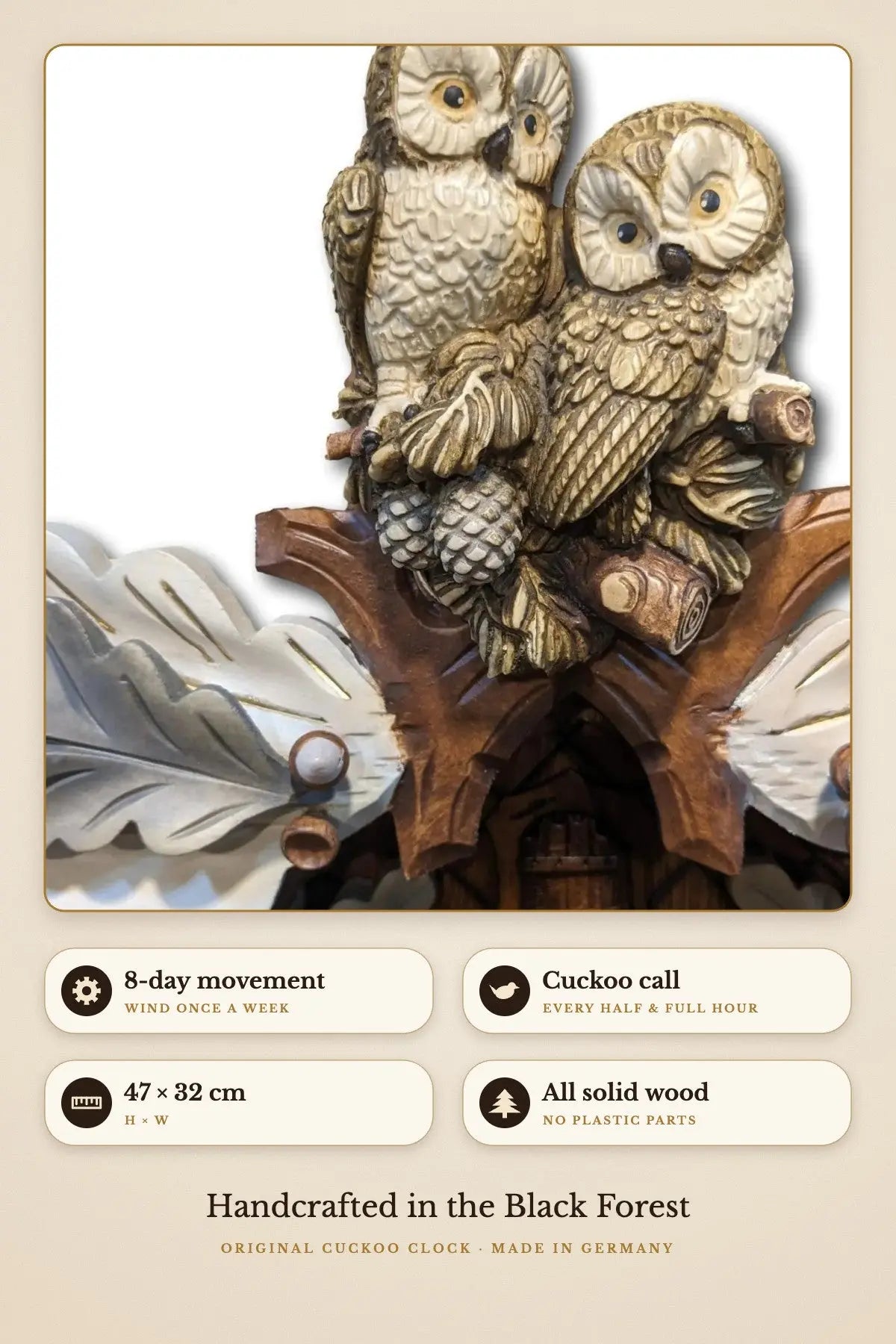 Snow owls – 8-day movement, 47 × 32 cm, all solid wood | Montag Steins & Clocks