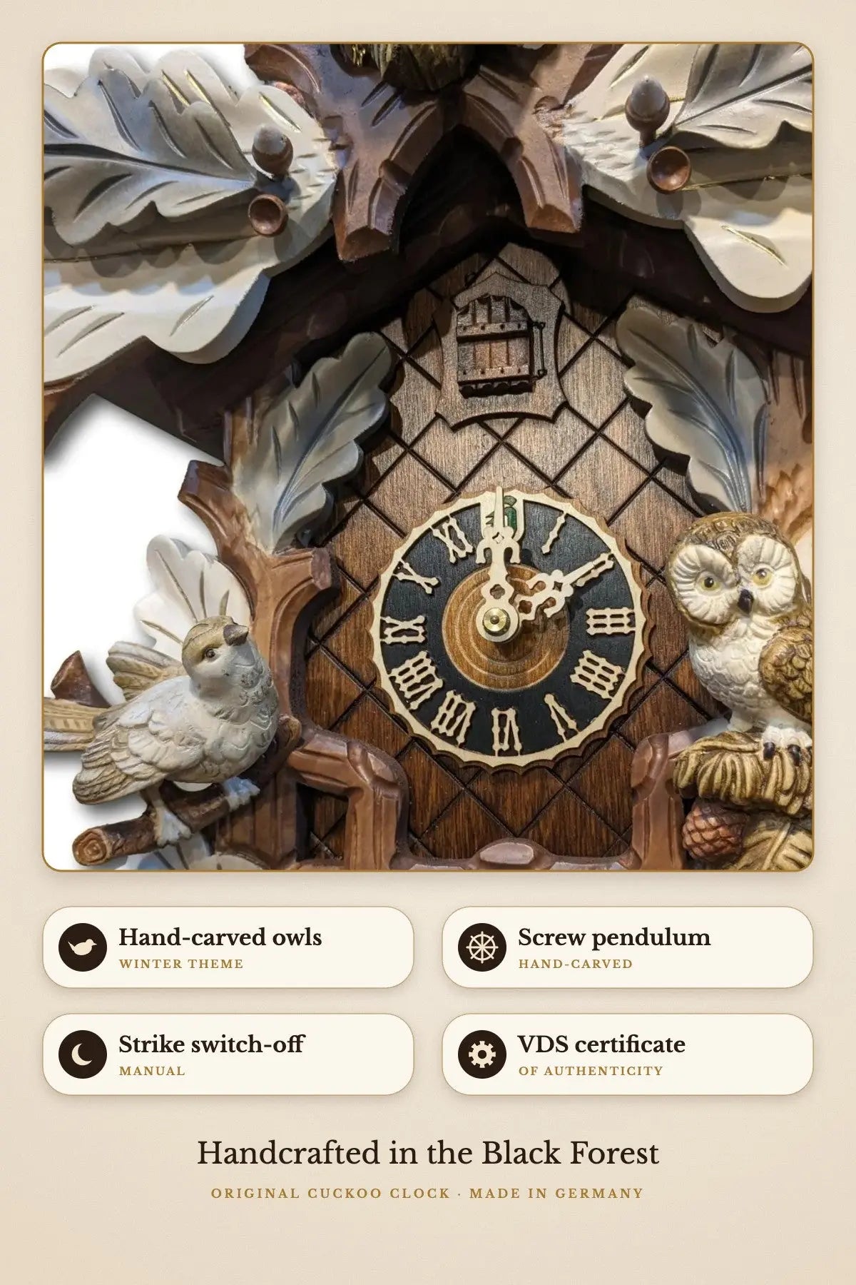 Snow owls – hand-carved owls and dial detail | Montag Steins & Clocks