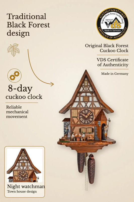 Town house with night watchman 8-day cuckoo clock – Anton Schneider, Black Forest | Montag Steins & Clocks