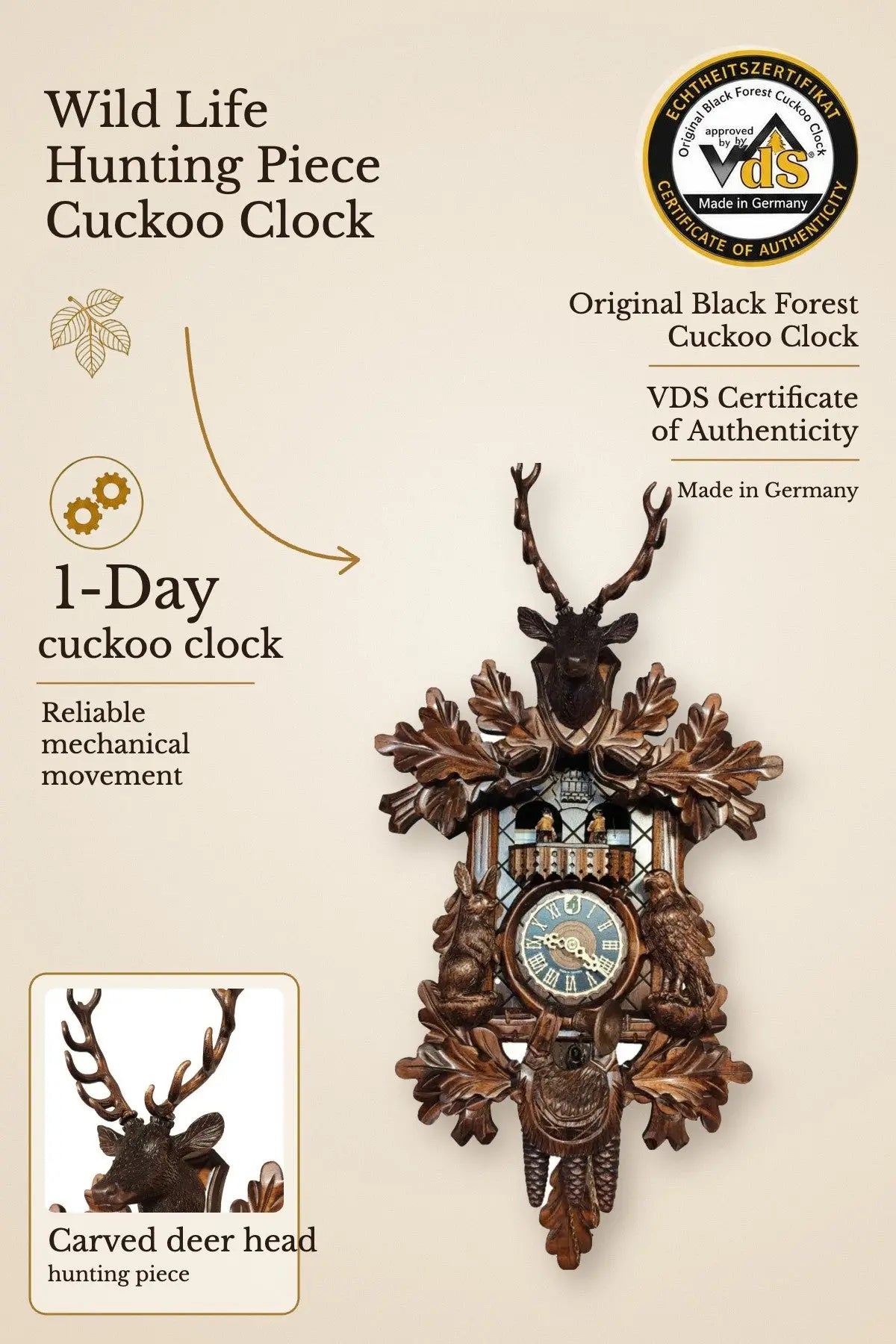 Wild life hunting piece 1-day cuckoo clock – main image