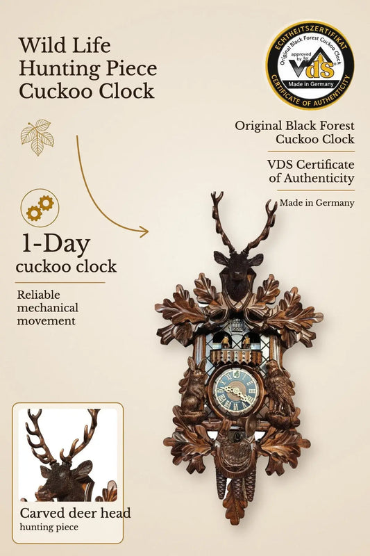 Wild life hunting piece 1-day cuckoo clock – main image