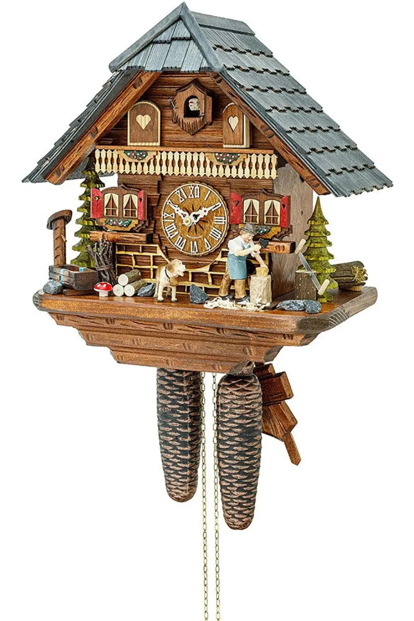 Wood chipper cuckoo clock with dog and gray roof 8 days Hekas