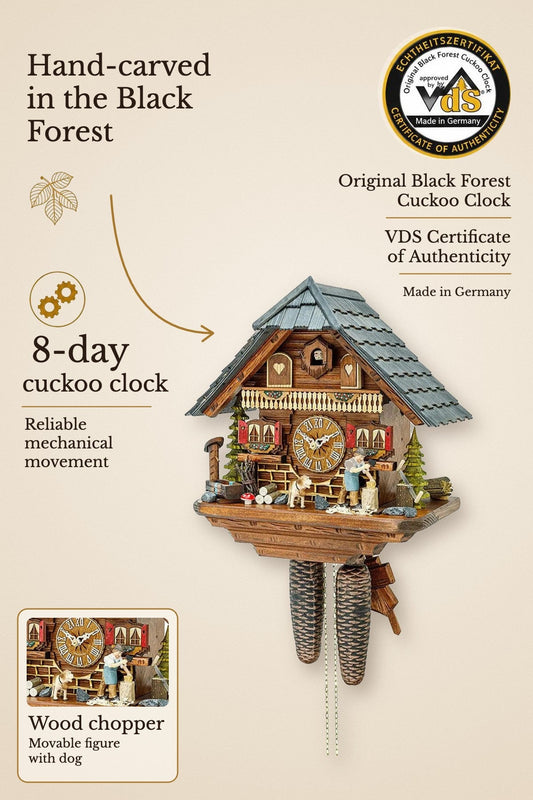 Wood chipper cuckoo clock with dog and gray roof, 8 days – hand-carved, VDS certified | Montag Steins & Clocks
