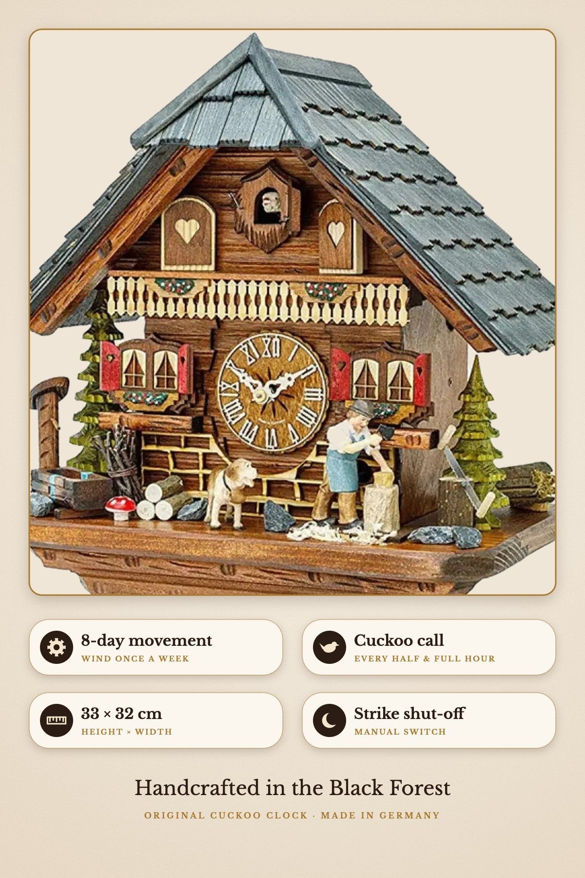 8-day movement, cuckoo call, 33 x 32 cm, manual strike shut-off | Montag Steins & Clocks