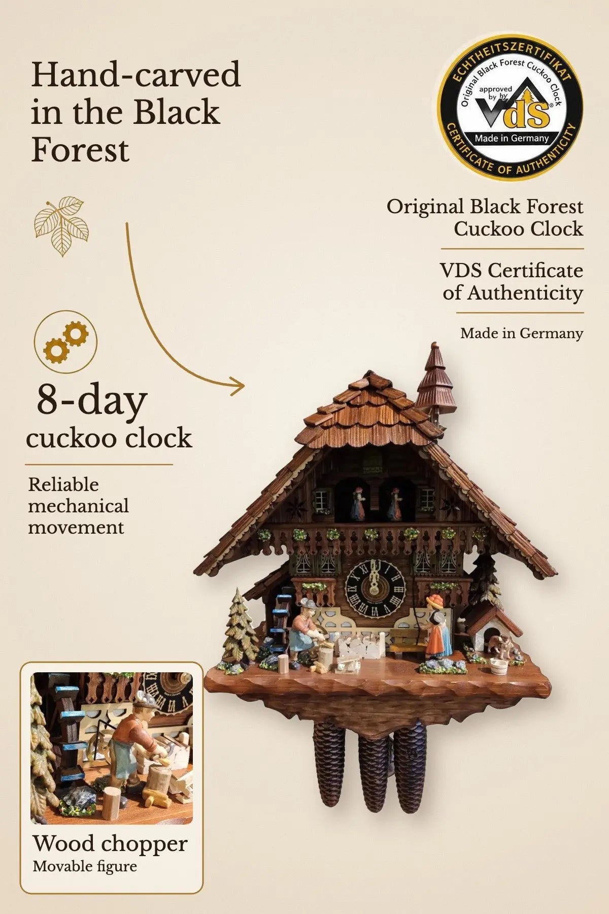 Wood chopper with bell ringer 8-day cuckoo clock with music – hand-carved, VDS certified | Montag Steins & Clocks