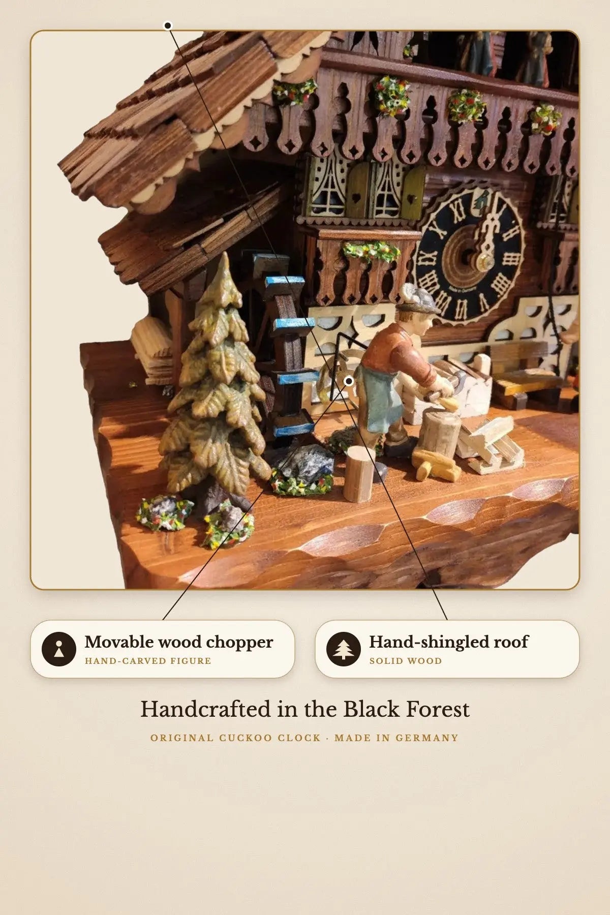 Movable wood chopper and hand-shingled roof | Montag Steins & Clocks