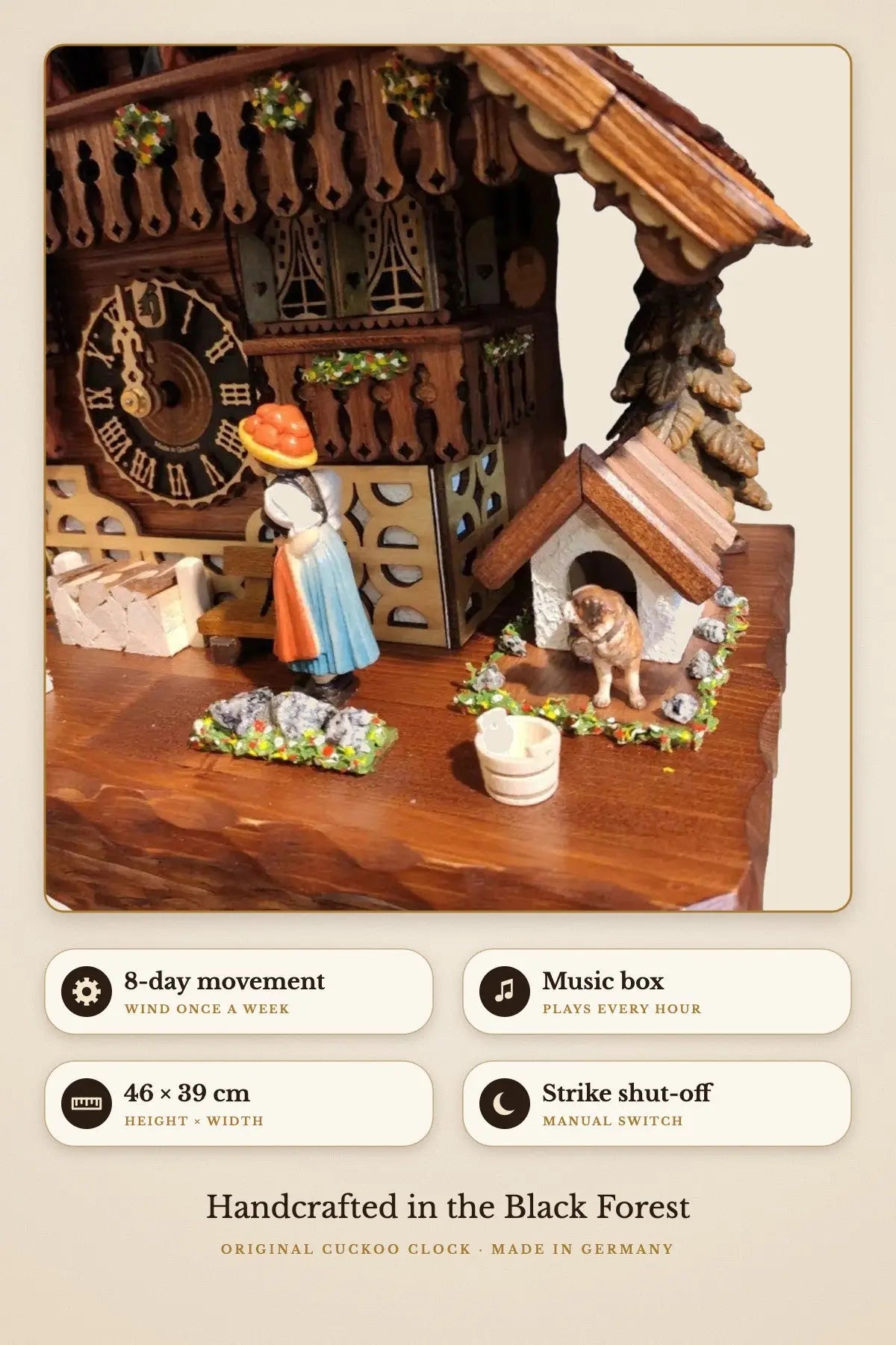 8-day movement, music box, 46 x 39 cm, manual strike shut-off | Montag Steins & Clocks