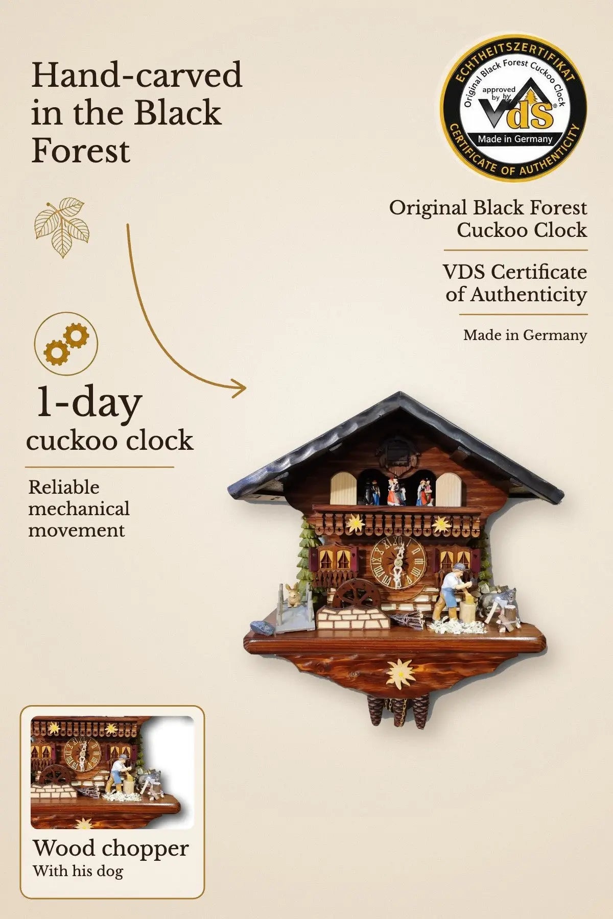 Wood chopper with dog 1-day cuckoo clock with music – VDS certified | Montag Steins & Clocks