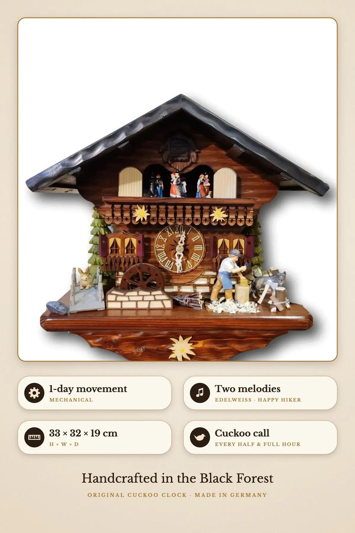 Wood chopper with dog – 1-day, Edelweiss & Happy Hiker, 33 × 32 × 19 cm | Montag Steins & Clocks