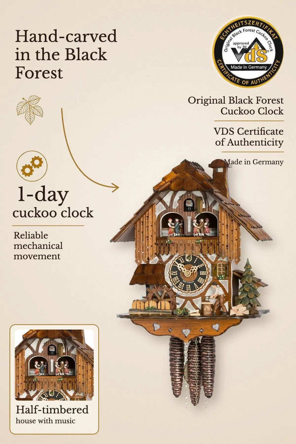 Wood chopper with half-timbered house 1 day cuckoo clock with music – VDS certified | Montag Steins & Clocks