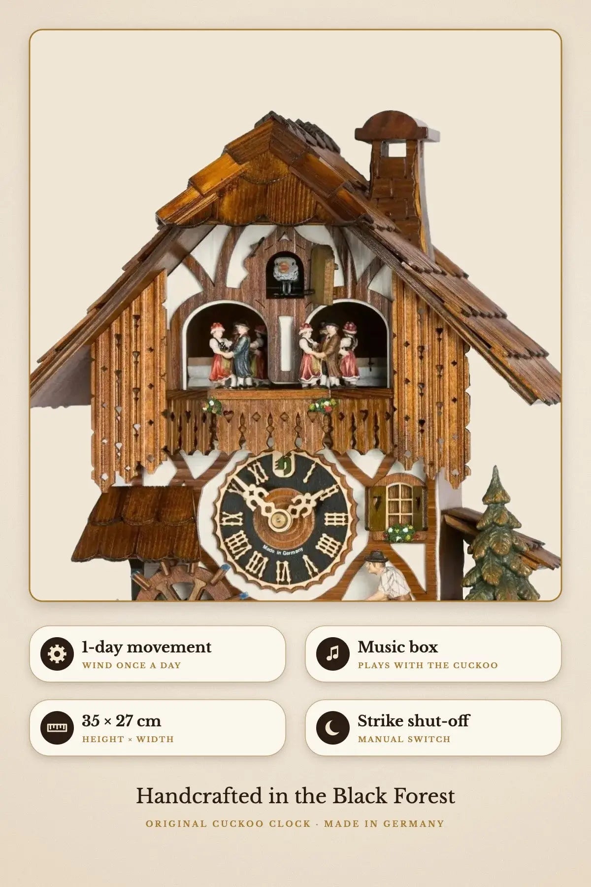 1-day movement, music box, 35 x 27 cm, manual strike shut-off | Montag Steins & Clocks