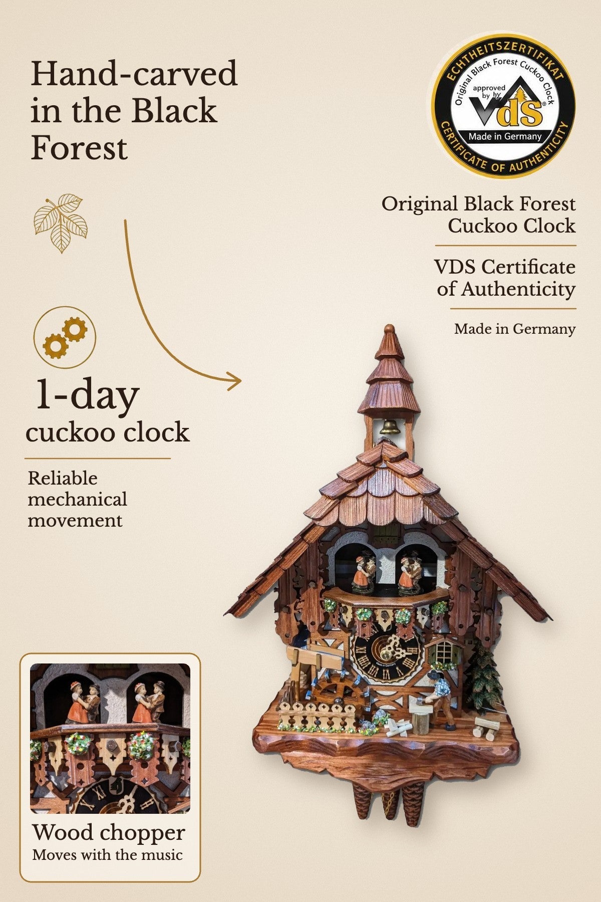 Wood chopper with half-timbering 1-day cuckoo clock with music – VDS certified | Montag Steins & Clocks