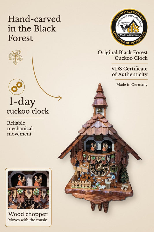 Wood chopper with half-timbering 1-day cuckoo clock with music – VDS certified | Montag Steins & Clocks