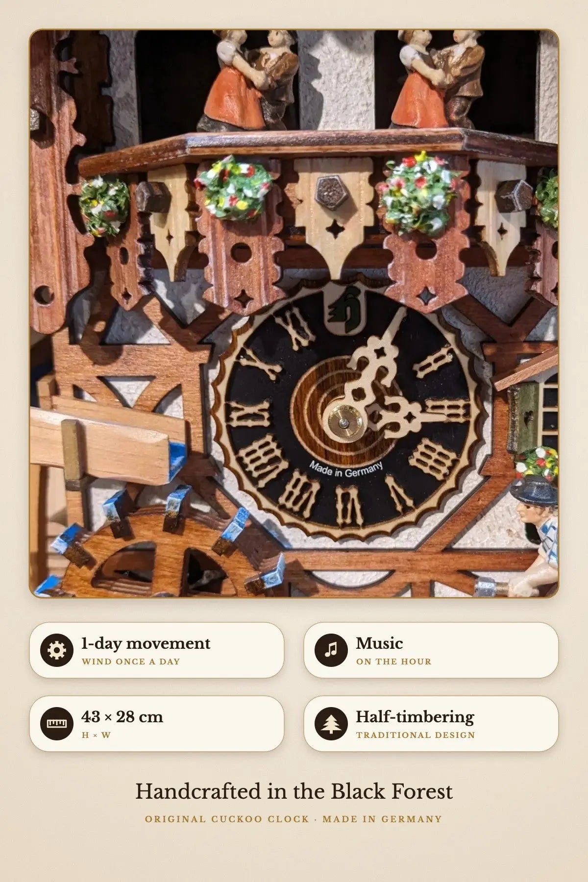 Wood chopper with half-timbering – 1-day movement, music, 43 × 28 cm | Montag Steins & Clocks