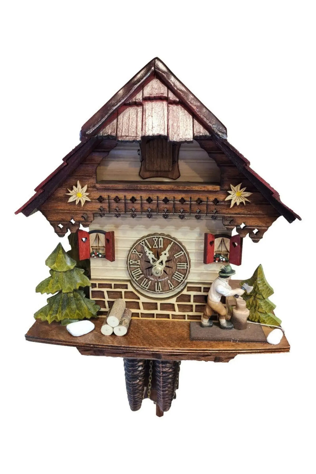Shutter Clocks Wood chopper with red shutters 1 day cuckoo clock Hekas