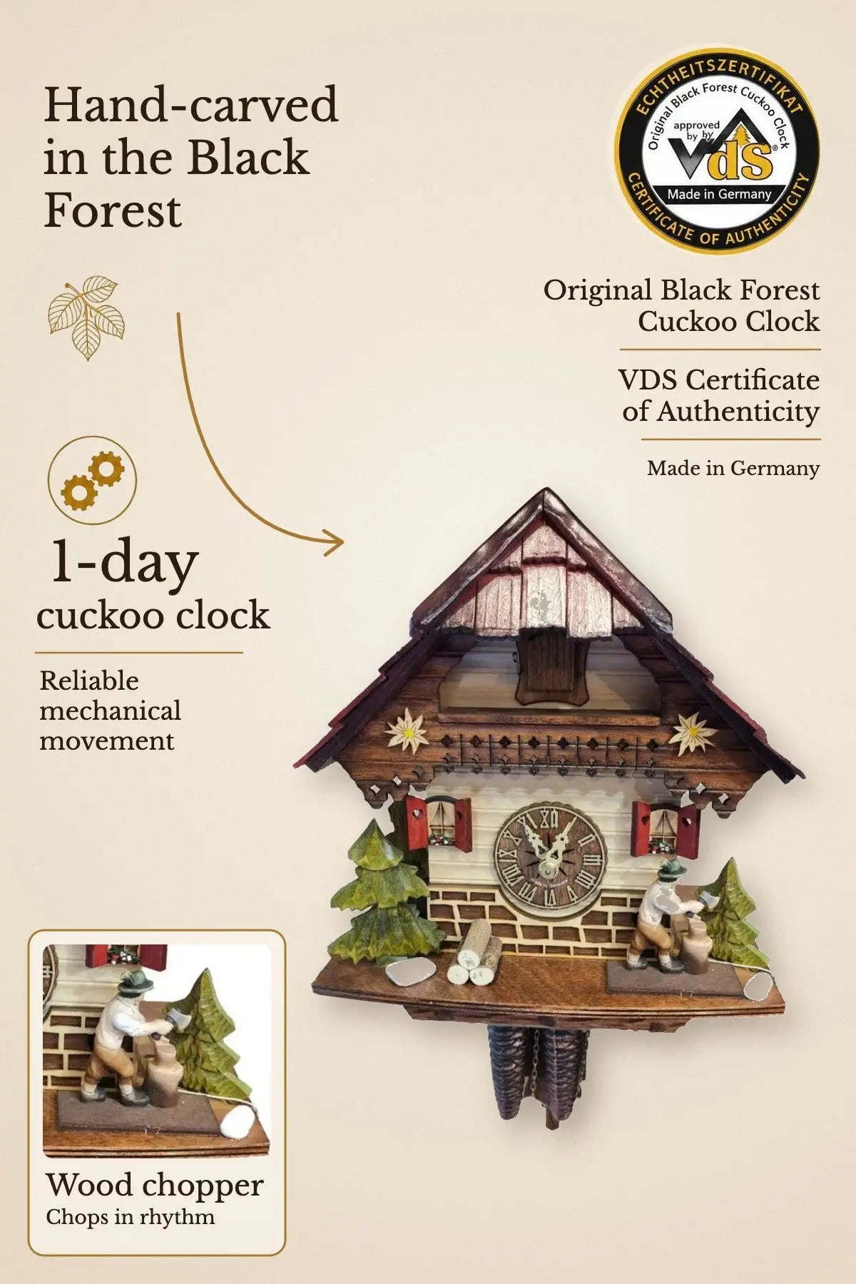 Wood chopper with red shutters 1 day cuckoo clock – hand-carved in the Black Forest, VDS certified | Montag Steins & Clocks