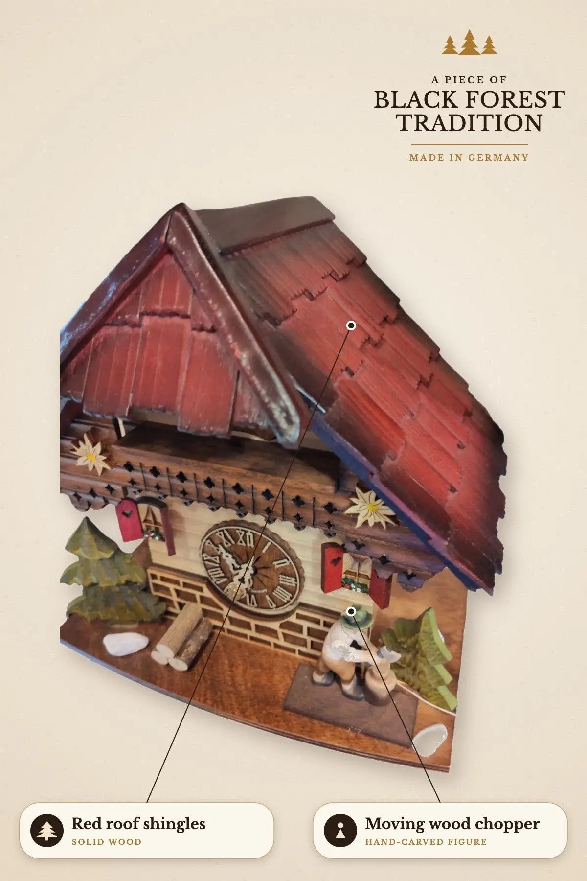 Side view with red roof shingles and moving wood chopper | Montag Steins & Clocks