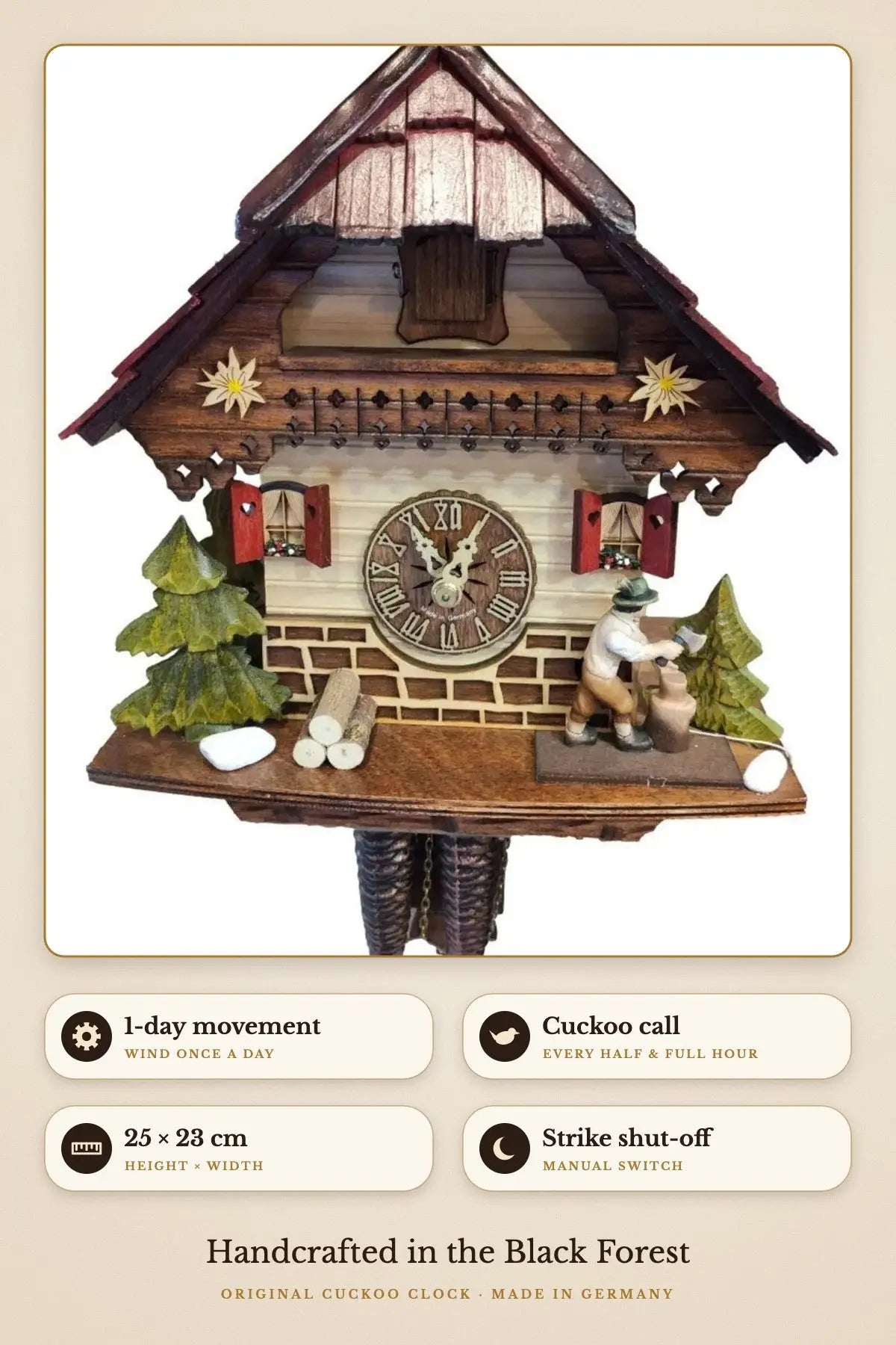 1-day movement, cuckoo call every half and full hour, 25 x 23 cm | Montag Steins & Clocks