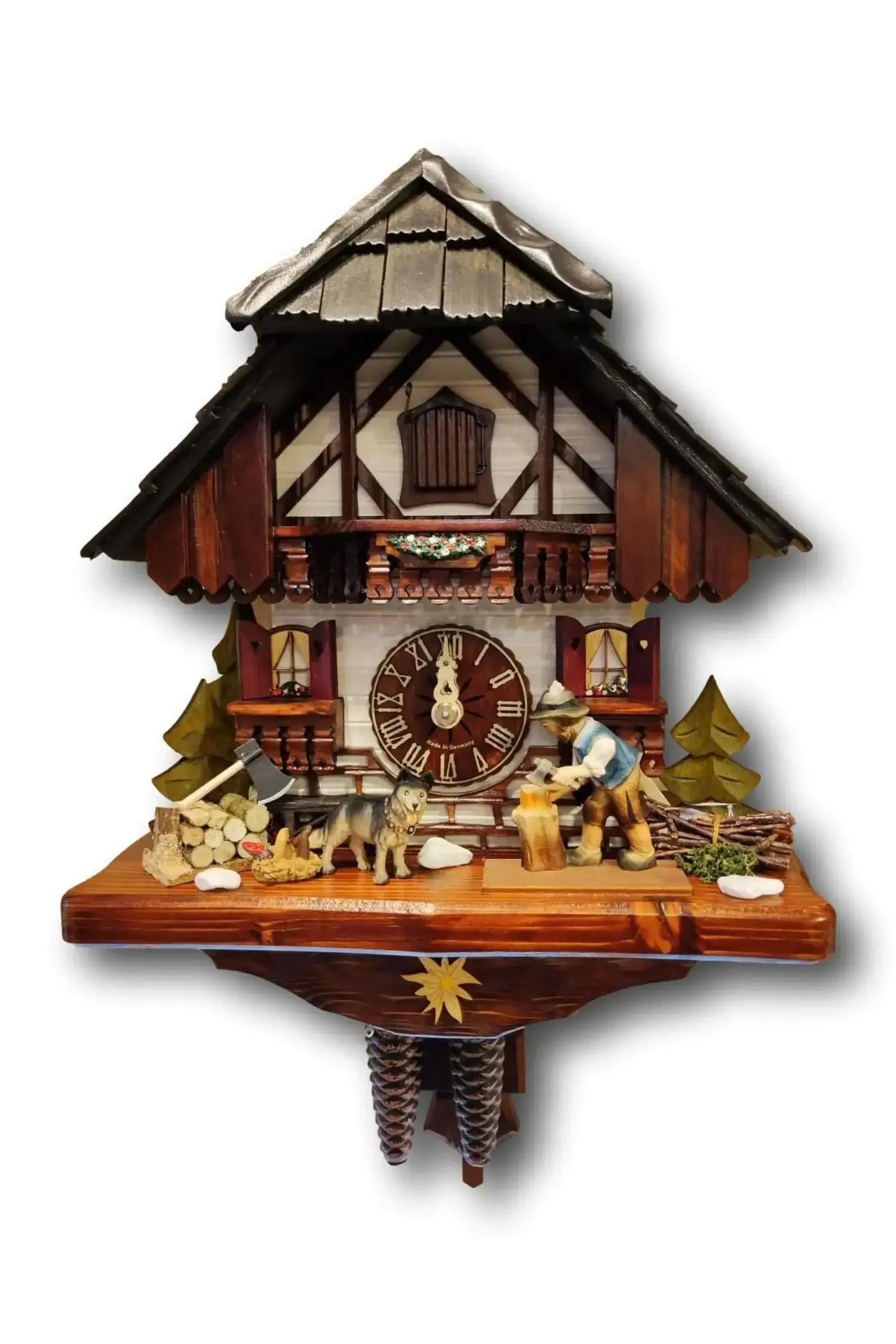 Wood chopper with shepherd dog 1 day cuckoo clock Hekas