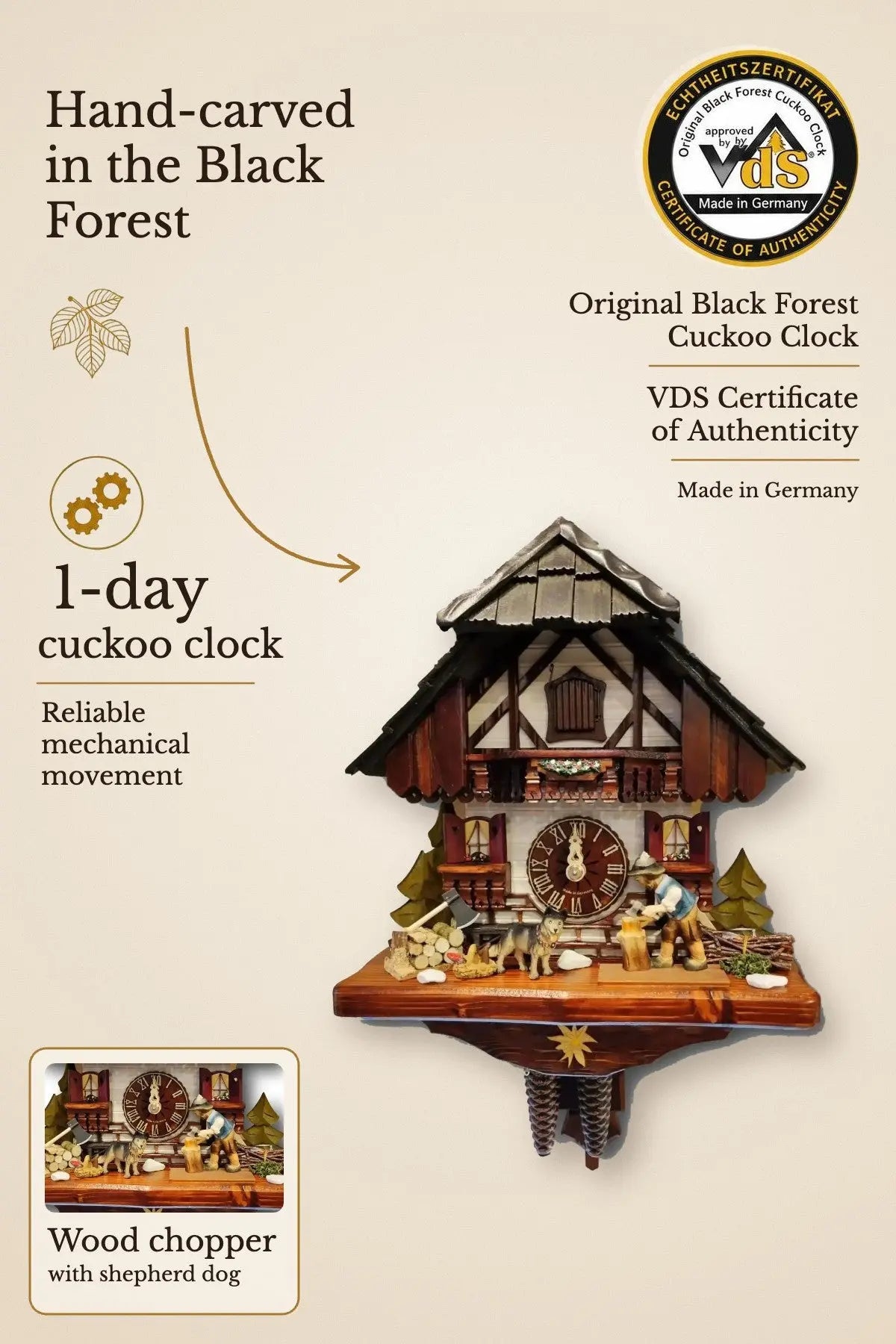 Wood chopper with shepherd dog 1 day cuckoo clock – hand-carved, VDS certified | Montag Steins & Clocks