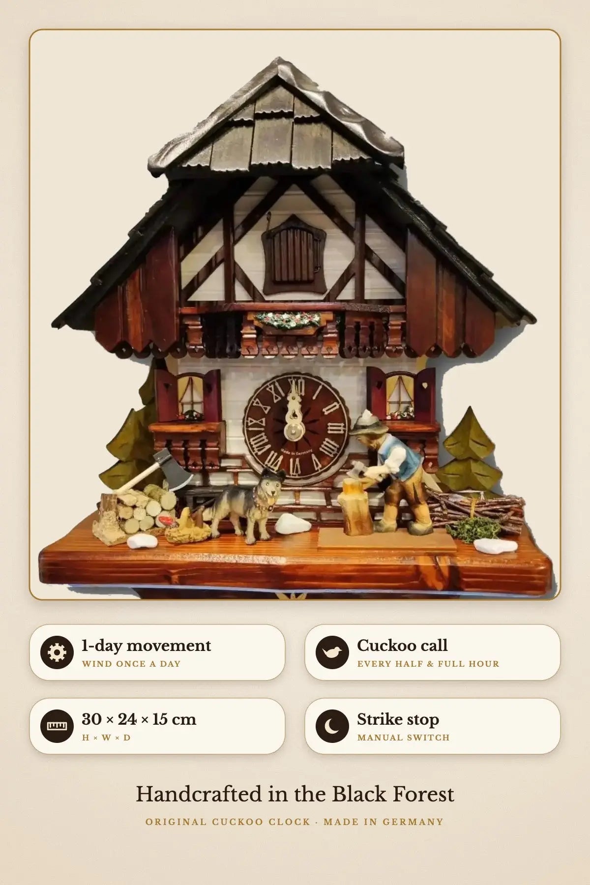 1-day movement, cuckoo call, 30 x 24 x 15 cm, manual strike stop | Montag Steins & Clocks