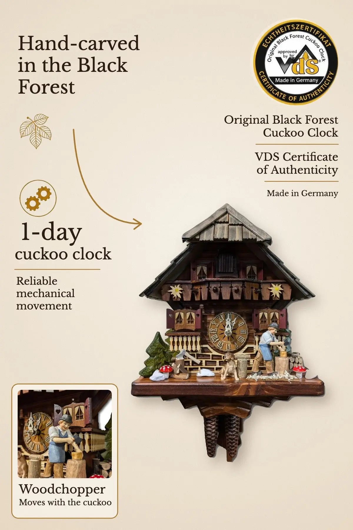 Woodchopper 1 day cuckoo clock with grey roof – hand-carved, VDS certified | Montag Steins & Clocks