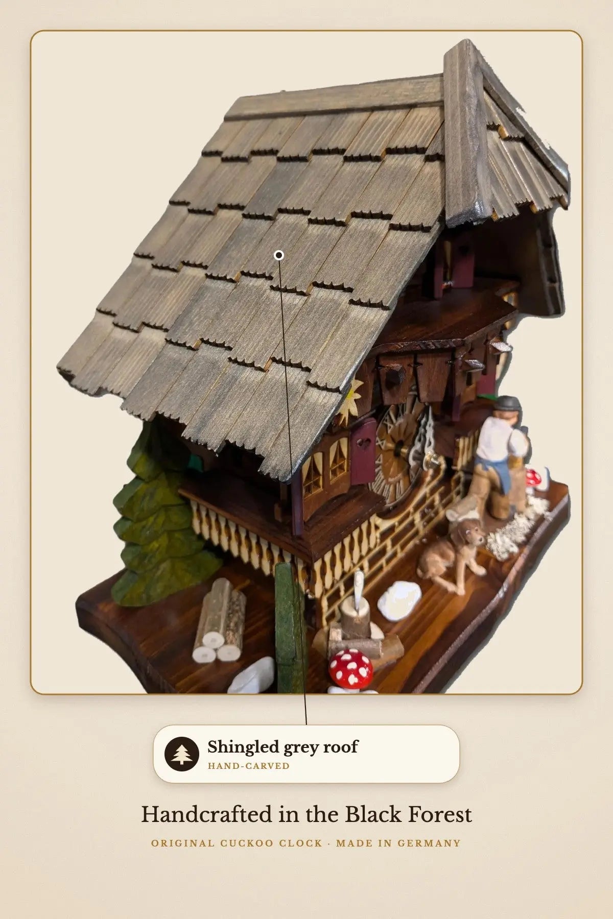 Hand-carved shingled grey roof | Montag Steins & Clocks