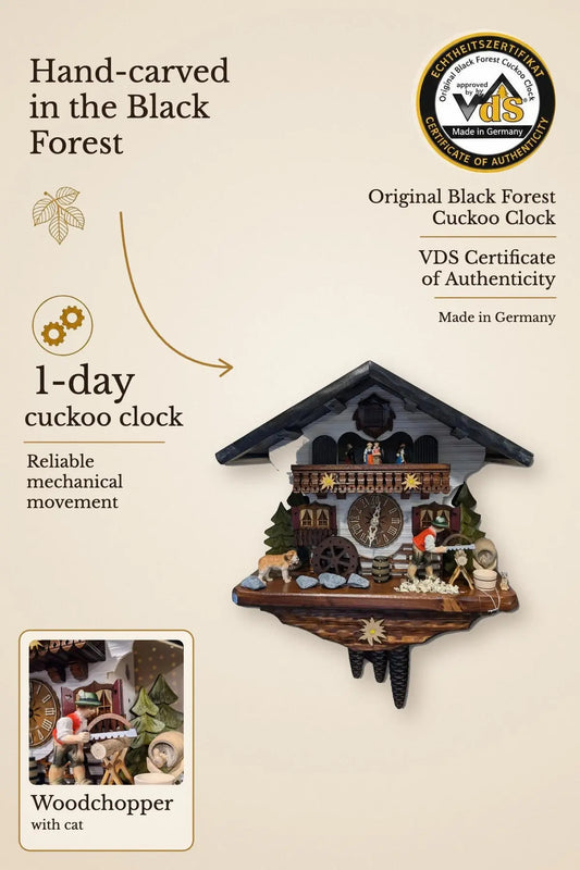 Woodchopper with cat 1 day cuckoo clock – hand-carved, VDS certified | Montag Steins & Clocks