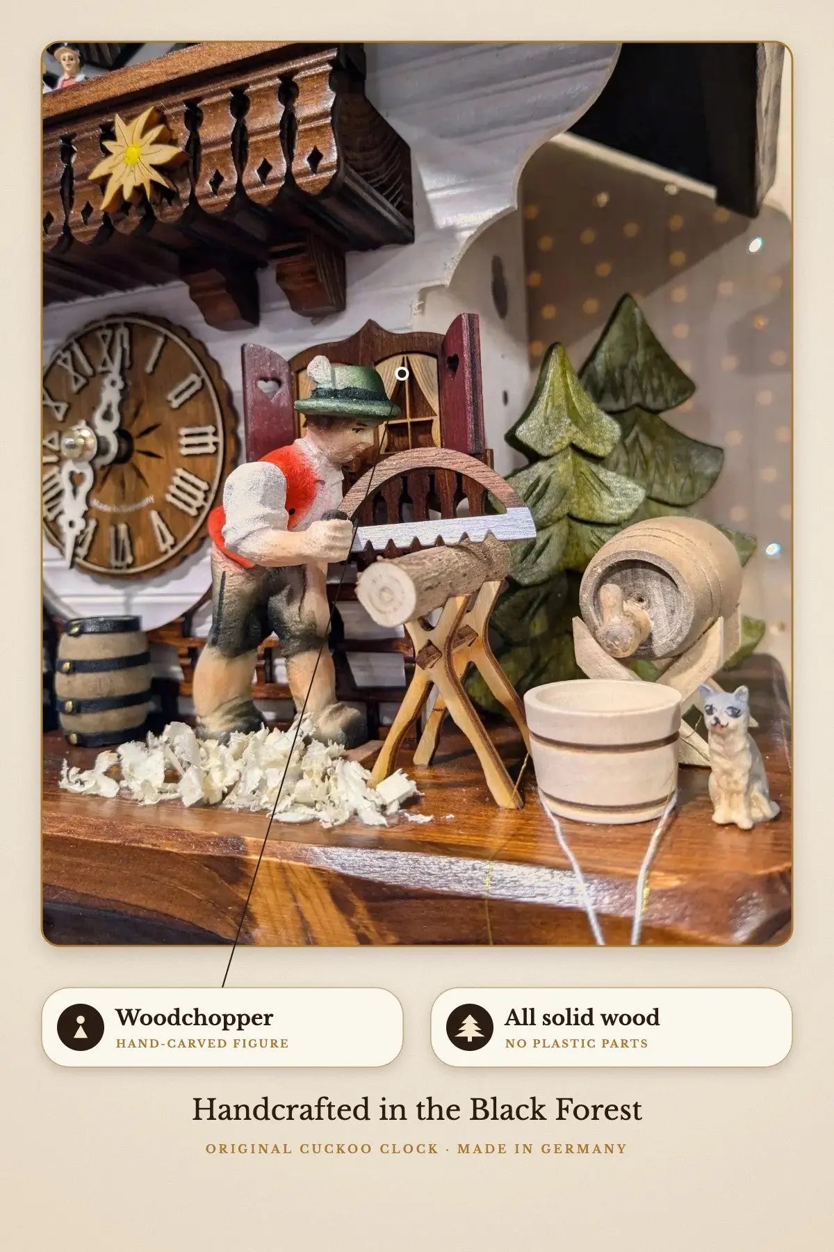 Hand-carved woodchopper figure, all solid wood | Montag Steins & Clocks